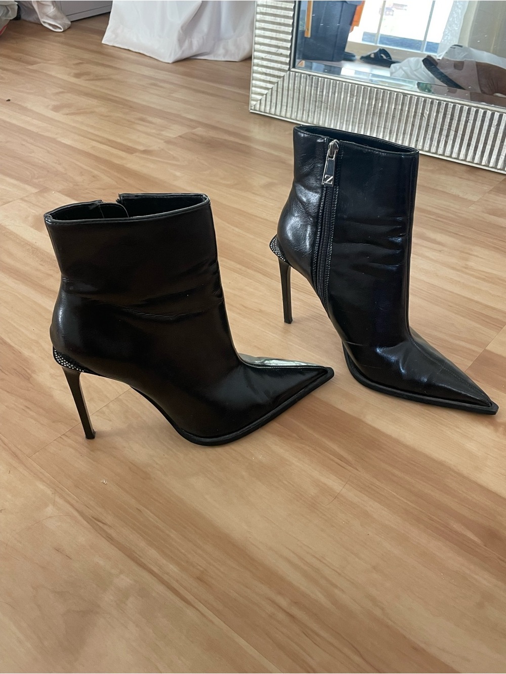 Zara Black Pointed Stiletto Ankle Booties with Side Zip
